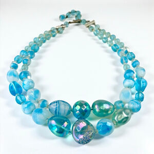 Vintage West Germany Blue Aqua Glass Opalescent Milky Beaded Two Strand Necklace